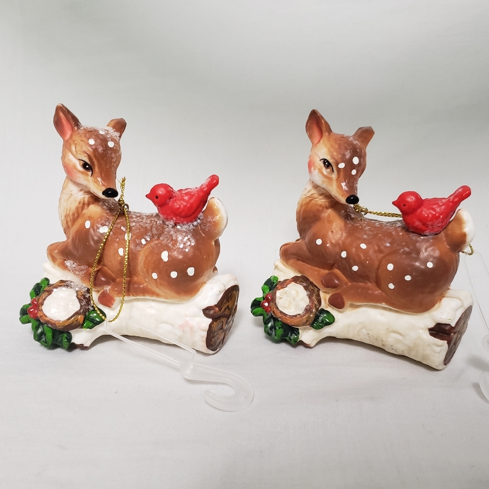Charming Holiday Retro Deer Ornaments with Red Bird Accents - Picture 1 of 8